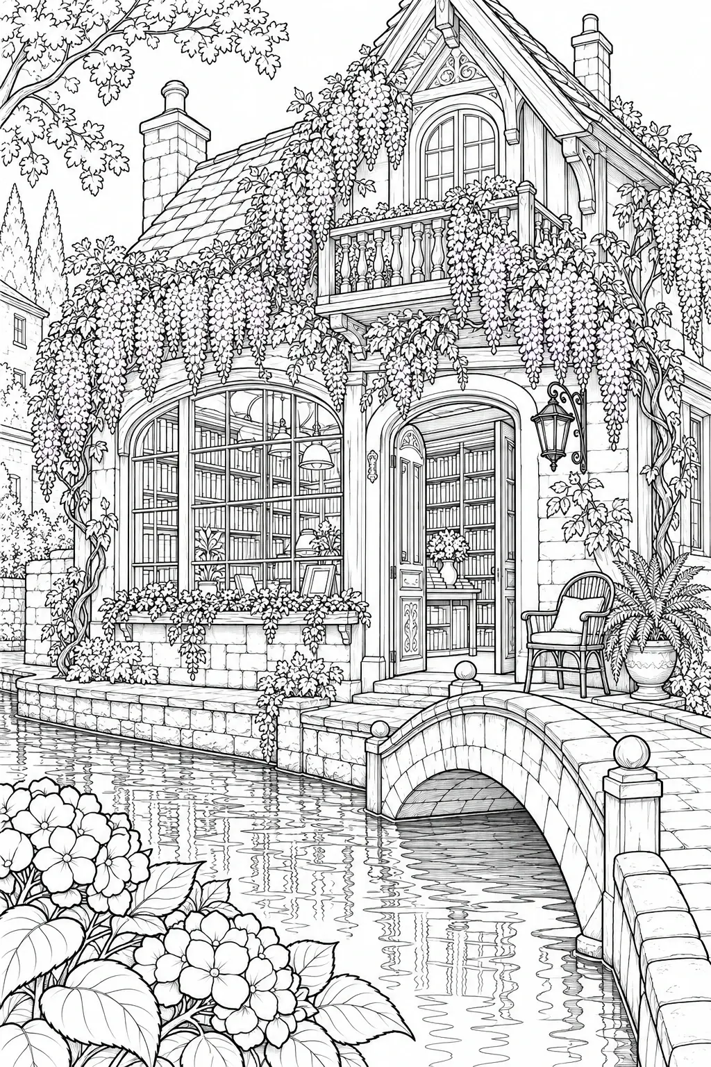 A detailed coloring page shows a wisteria-covered bookshop with visible bookshelves beside a canal and small arched footbridge.