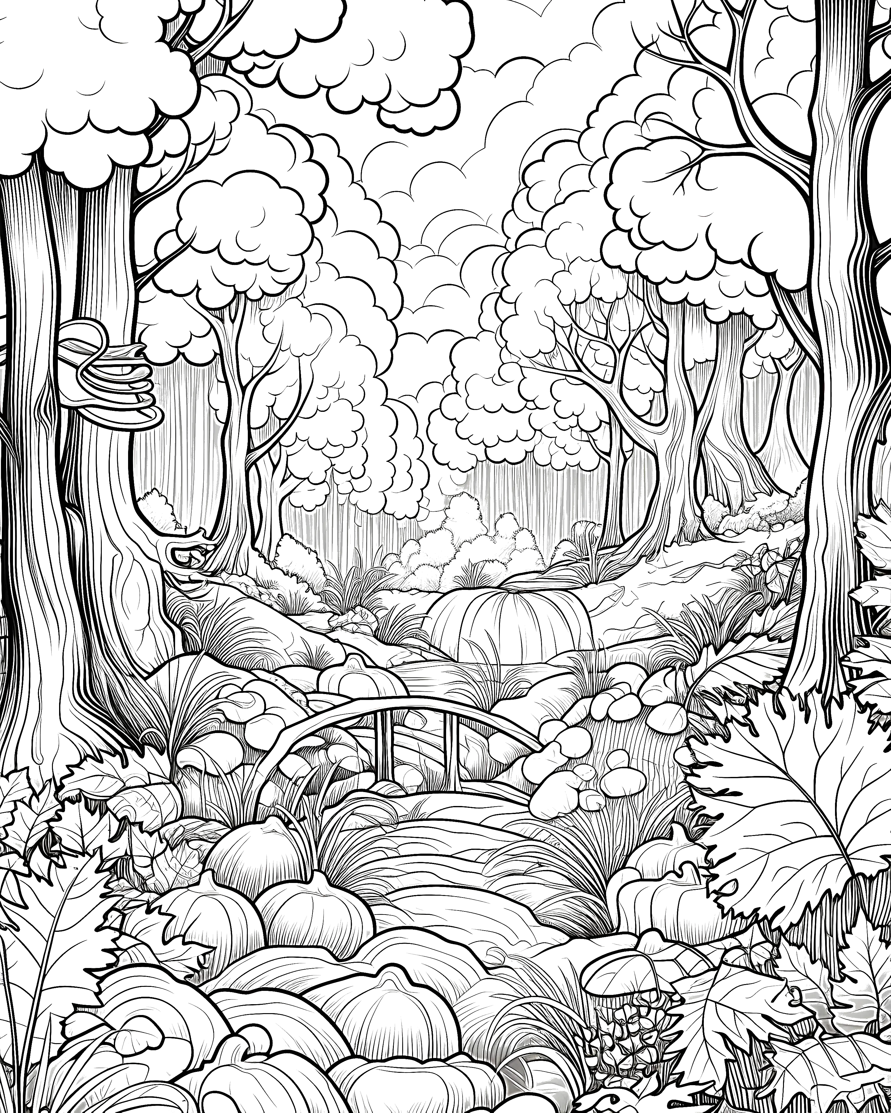 Detailed black-and-white coloring page of a woodland forest scene with tall trees, pumpkins, plants, and a small bridge over a stream.