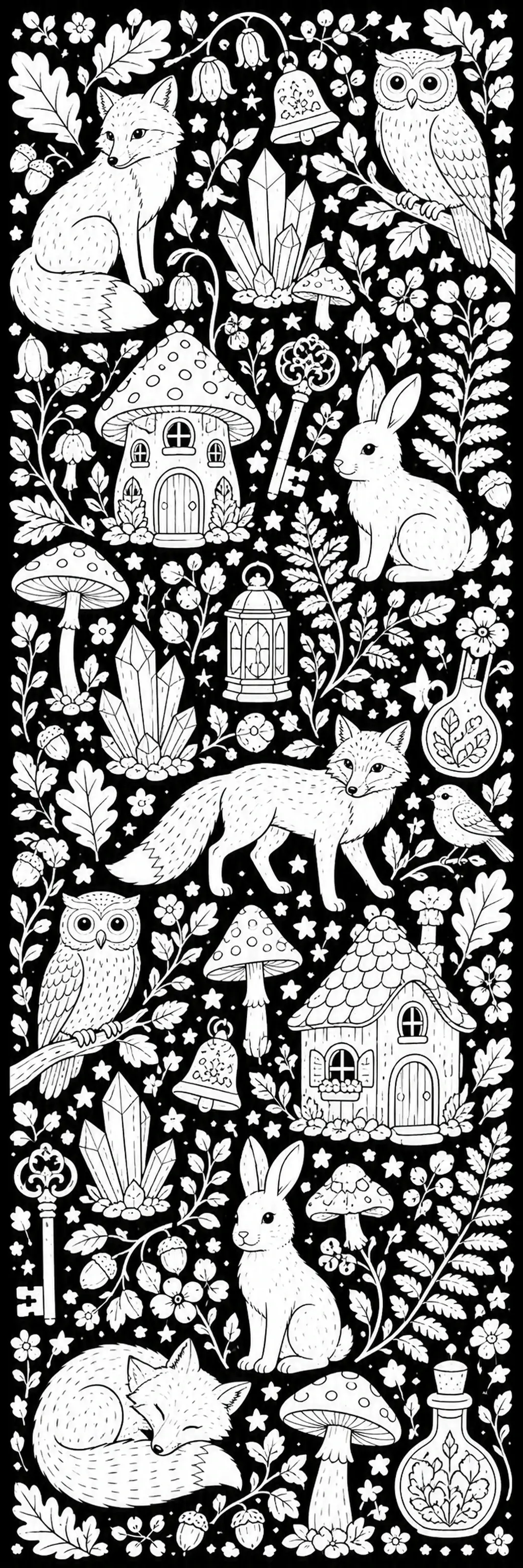 A black-and-white coloring page showing foxes, owls, rabbits, mushrooms, cottages, crystals, and forest plants.