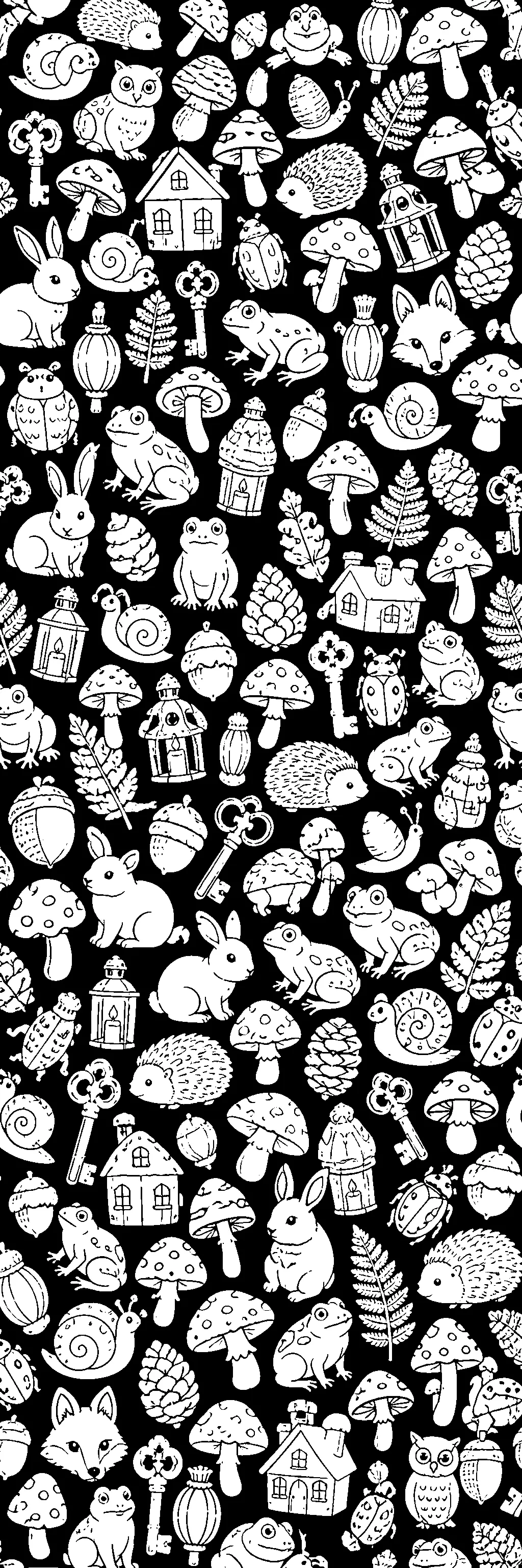 A black-and-white coloring page with mushrooms, woodland animals, leaves, pinecones, keys, and small houses in a repeating pattern.