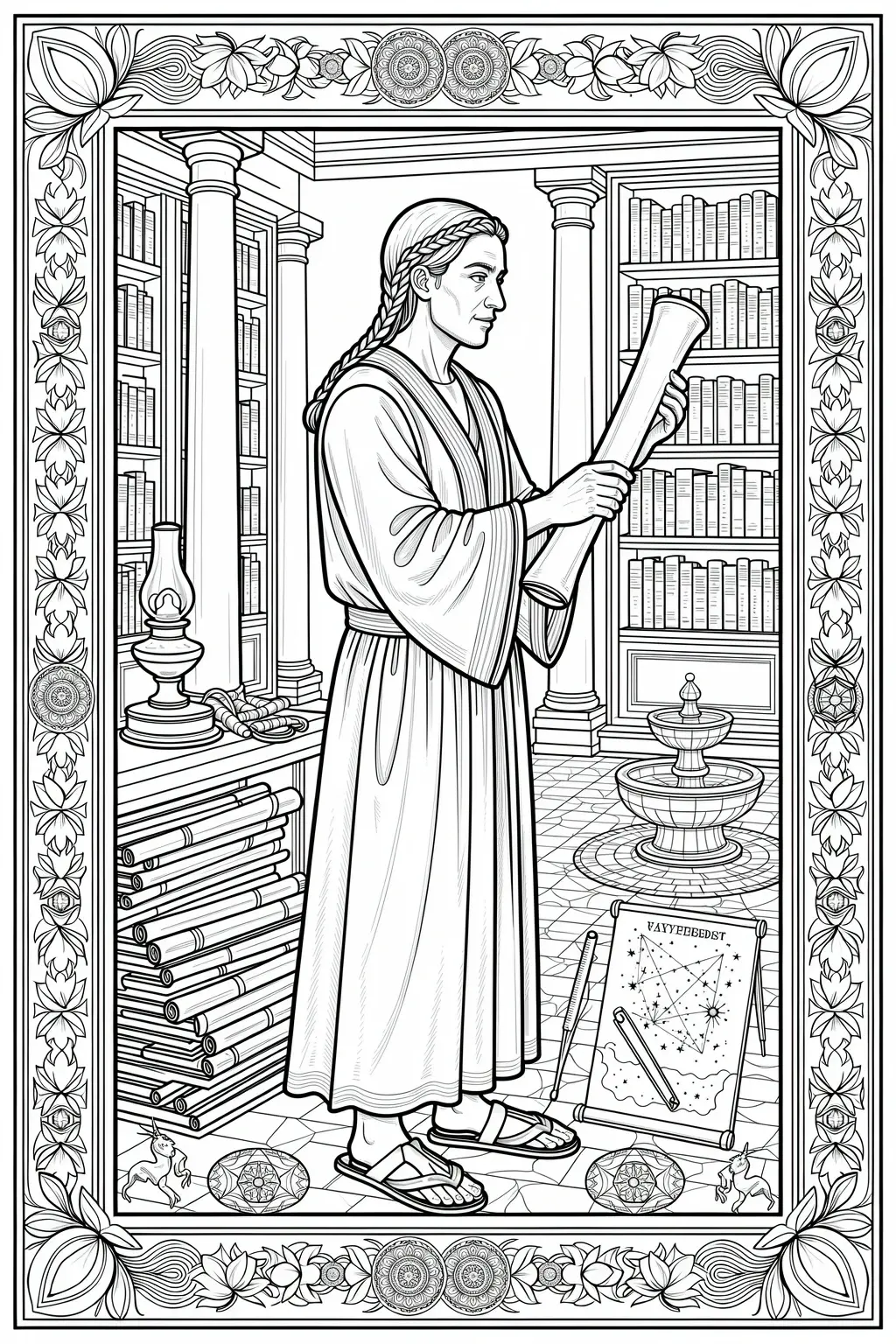 A detailed coloring page of an ancient robed scholar holding a scroll inside a classical library with bookshelves, columns, and decorative borders.