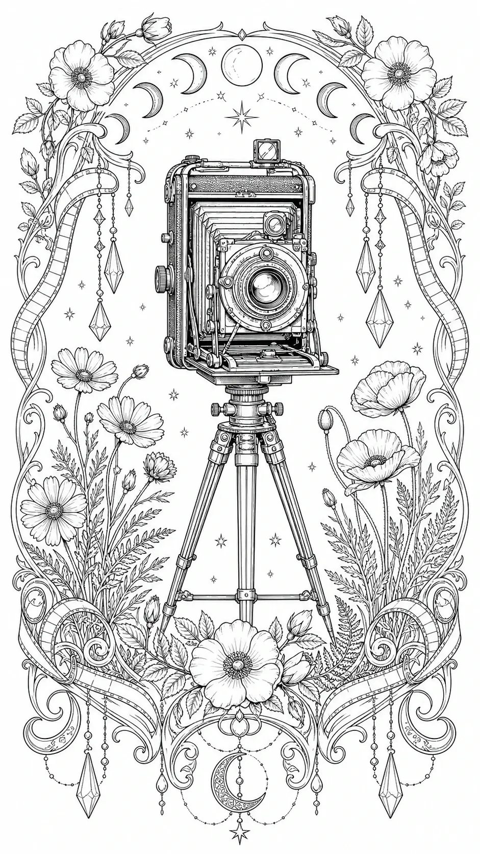 An antique camera on a tripod is surrounded by flowers, moons, stars, and hanging crystals in a coloring page.