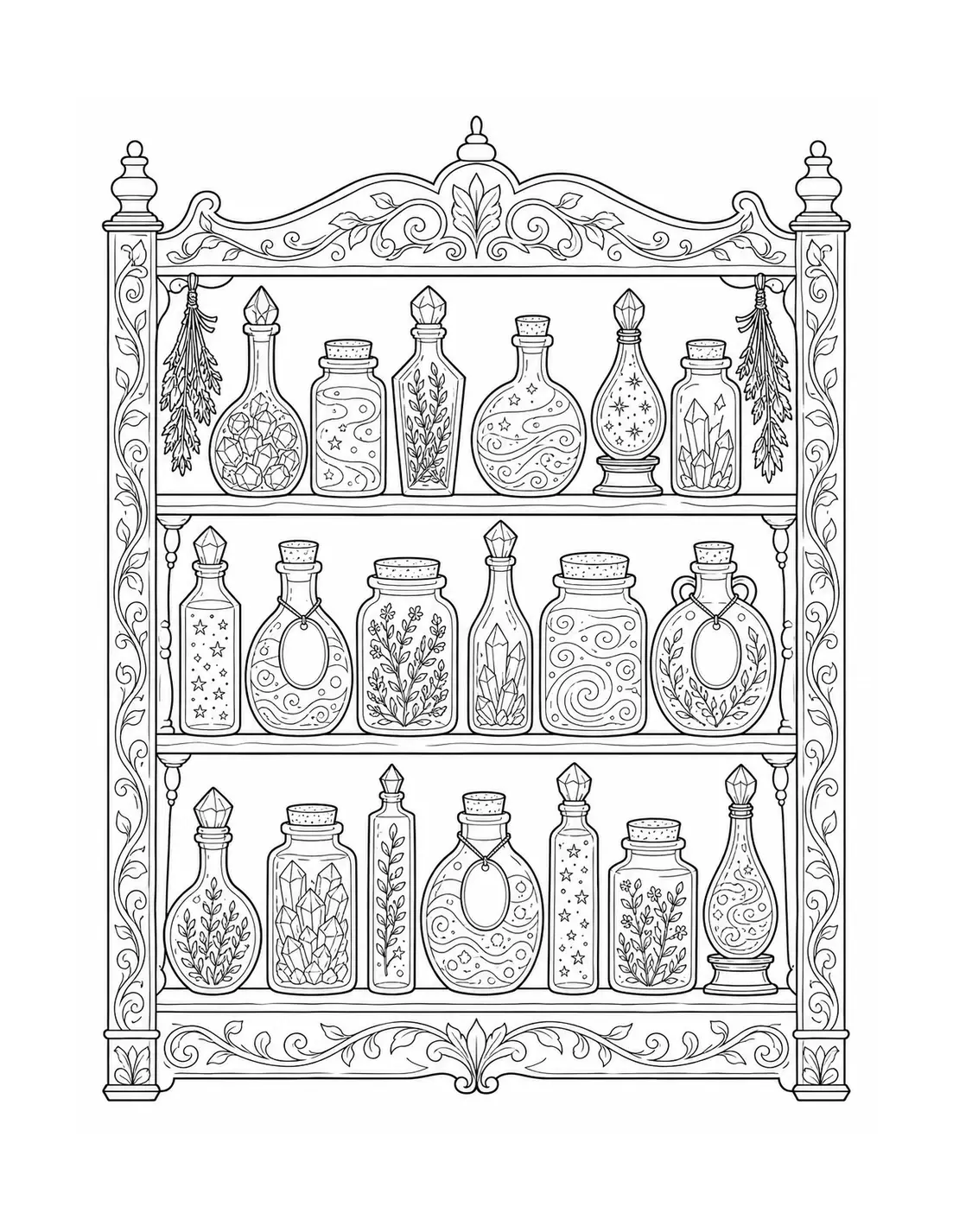 A detailed coloring page of apothecary bottles and crystal-filled jars arranged on an ornate shelf with leafy scrollwork.