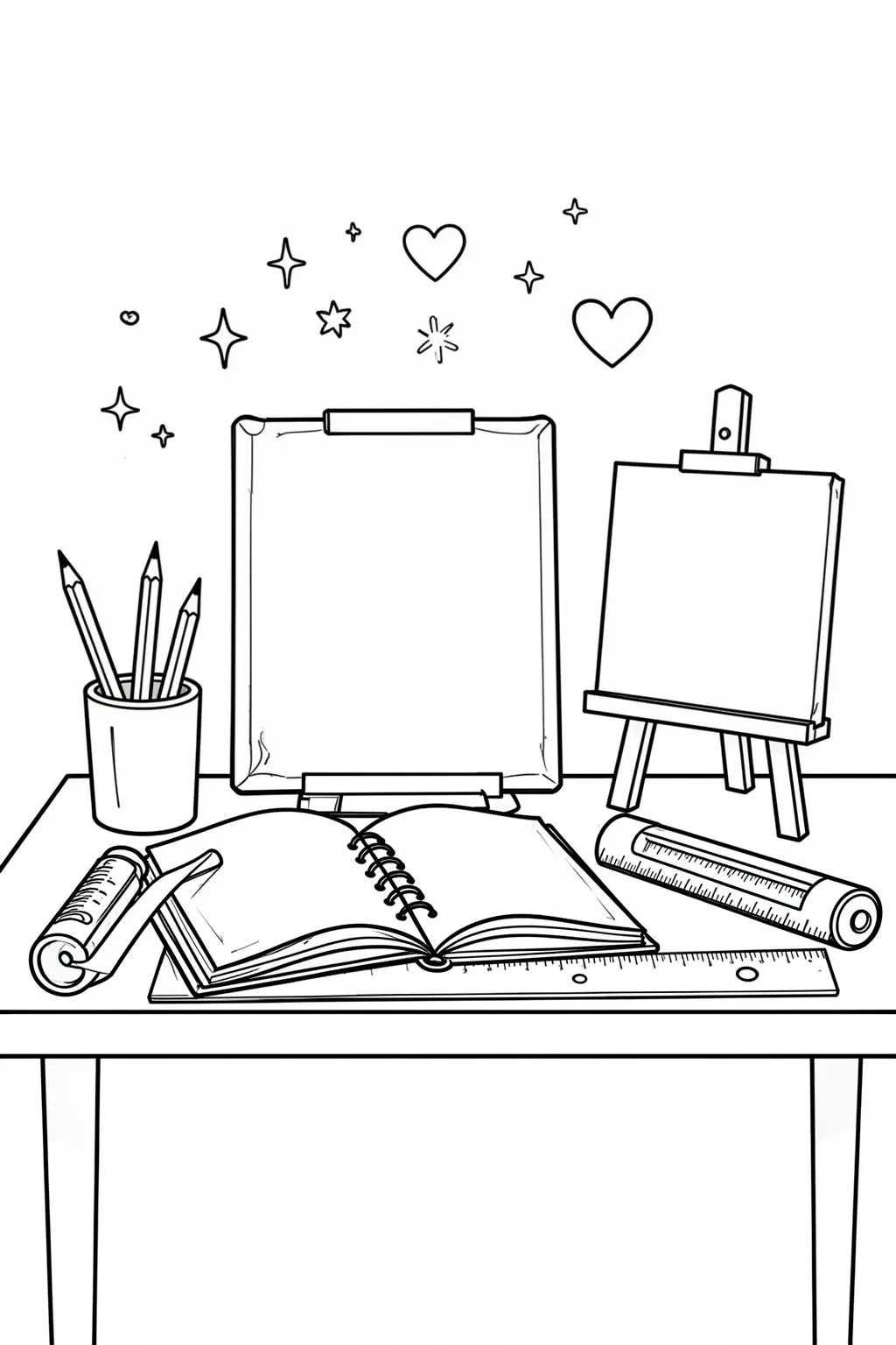 A coloring page showing an art desk with pencils in a cup, sketchbook, ruler, notebook, and two drawing boards with small stars and hearts above.