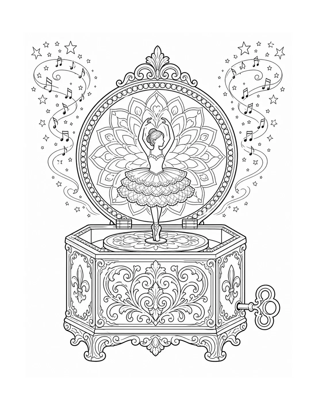 A ballerina music box coloring page with a dancer, stars, musical notes, and ornate patterns.