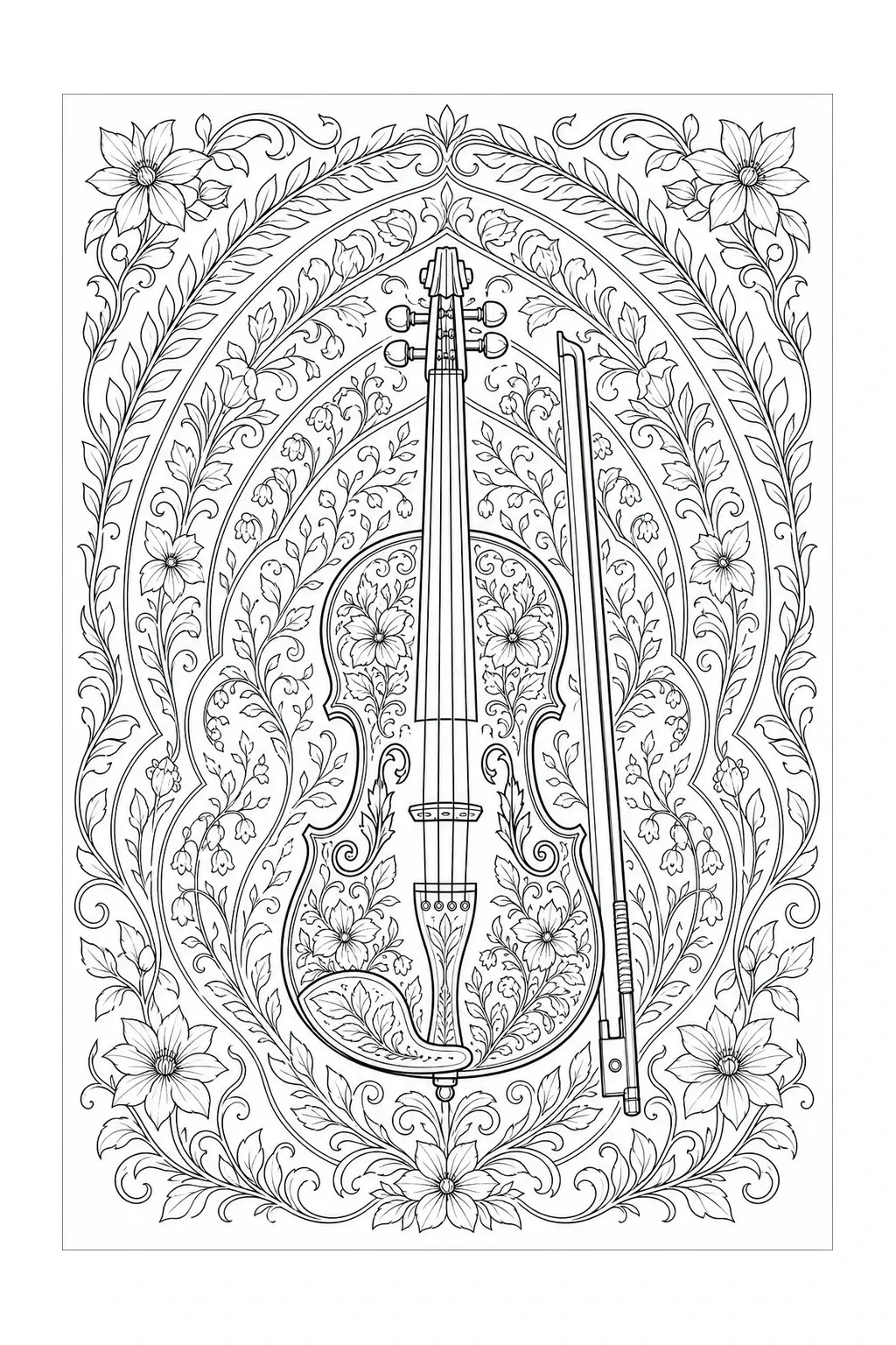 Intricate floral mandala coloring page with a violin and bow in the center.