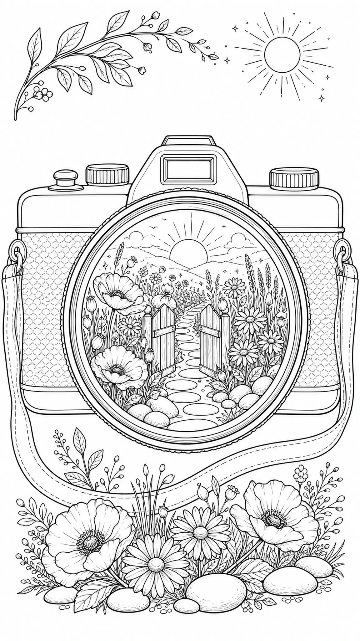 A coloring page of a camera with a garden scene inside the lens, surrounded by flowers and a sunburst.