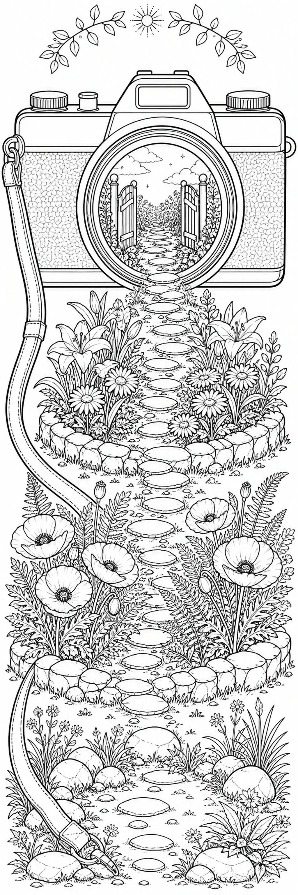A camera-shaped garden scene coloring page with flowers, stepping stones, and a path through an open gate.