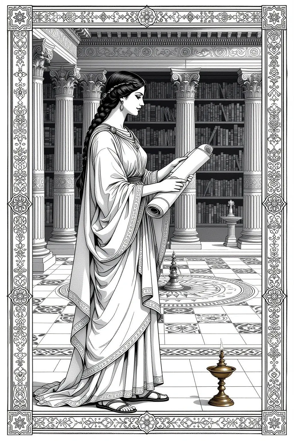 Black and white coloring page of woman in a classical robe holding a scroll inside an ornate library with columns and bookshelves