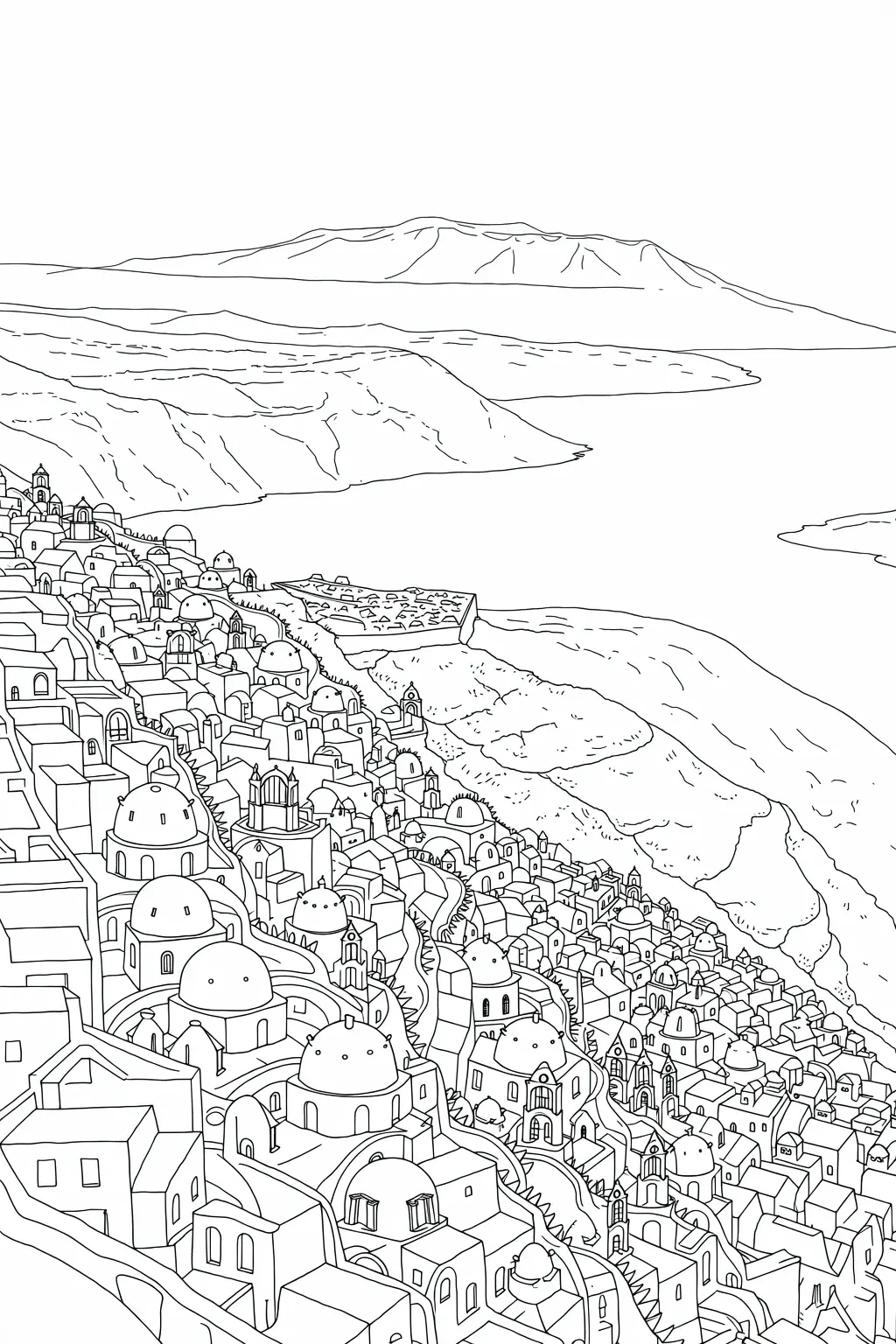 Detailed coloring page of a coastal hillside town with domed buildings overlooking the sea and distant cliffs.