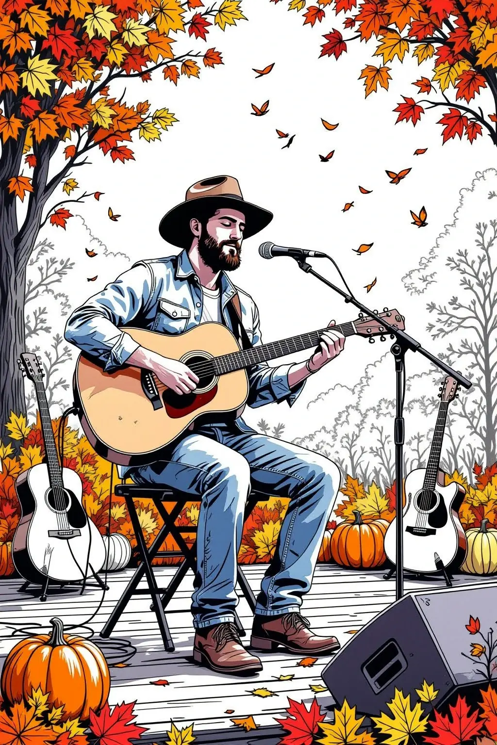 Black and white coloring page of country singer wearing a hat plays an acoustic guitar and sings into a microphone on an outdoor autumn stage with falling leaves and pumpkins