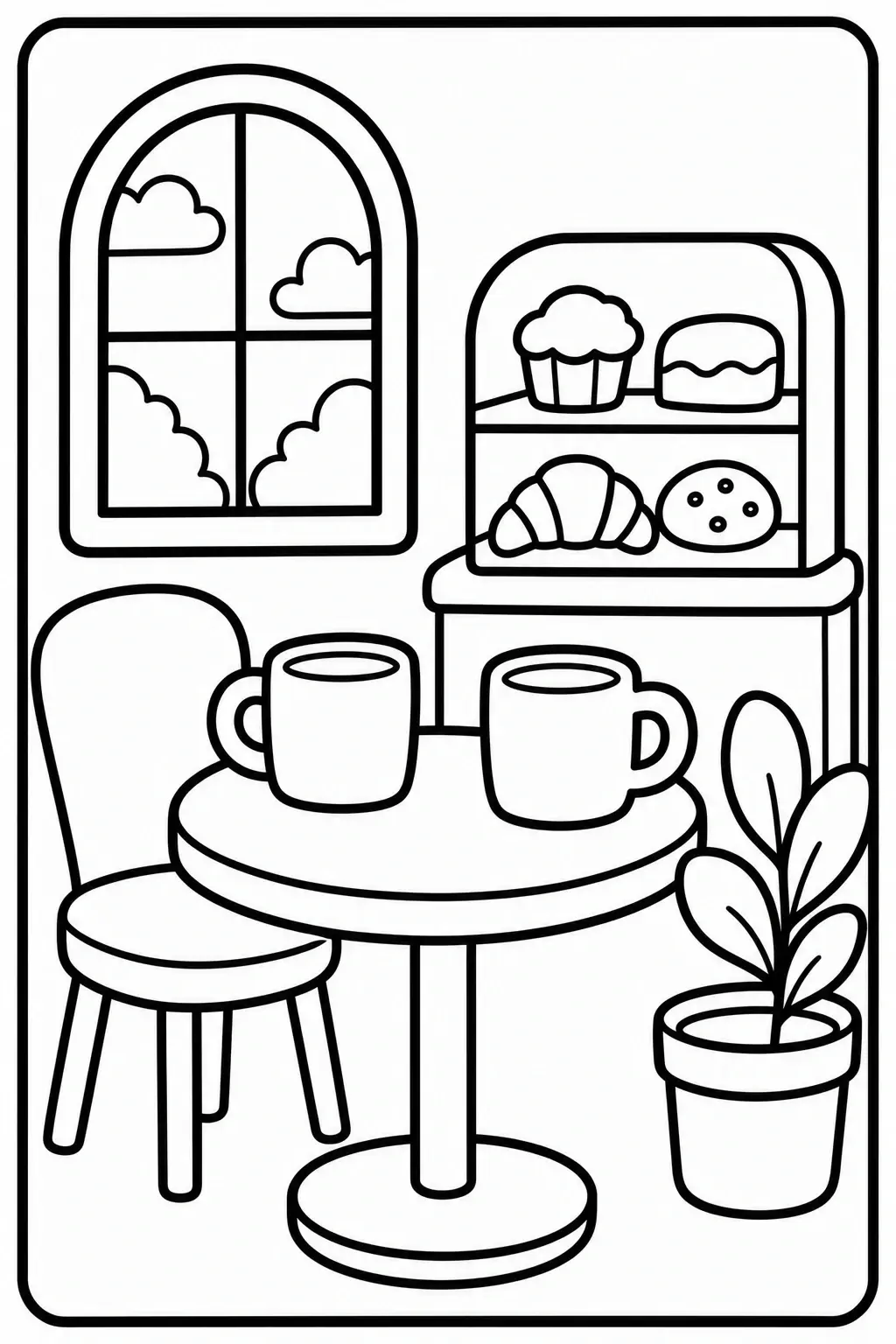 Black and white coloring page of cozy coffee shop interior with a table, two mugs, chairs, a pastry display, a window with clouds, and a potted plant
