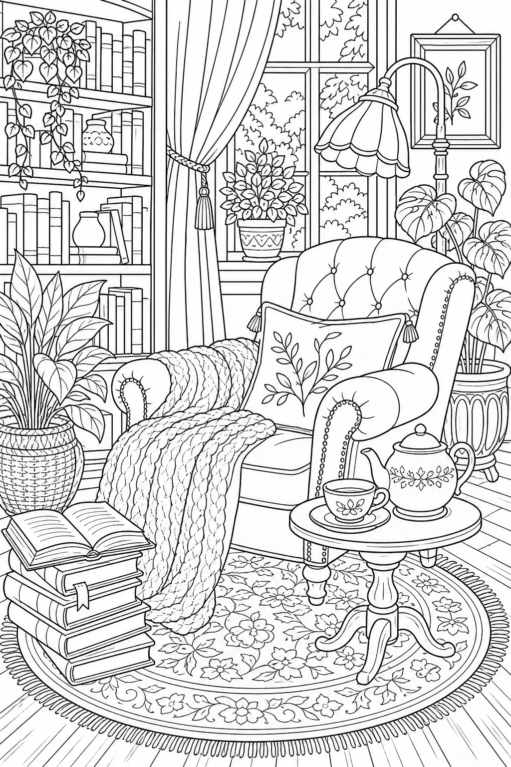 Black and white coloring page of cozy reading nook with an armchair, stacked books, houseplants, a lamp, a tea set, and a floral rug in front of a window and bookshelf