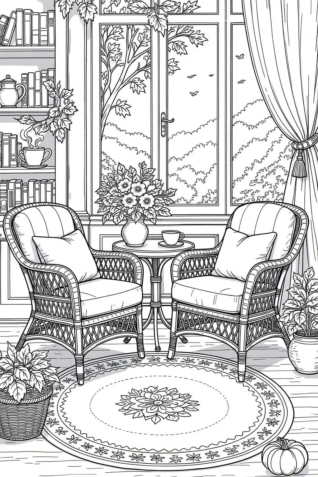 Black and white coloring page of two cushioned chairs in a cozy reading nook with bookshelves, plants, a round table, a window view, and a patterned rug to color