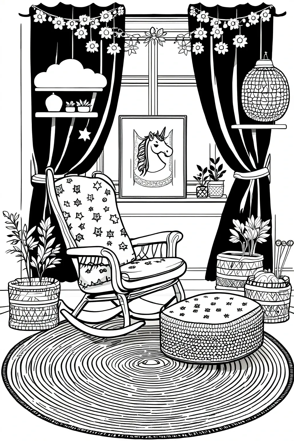 Black and white coloring page of detailed cozy room interior with a rocking chair, patterned rug, curtains, plants, shelves, and a framed unicorn picture on the wall