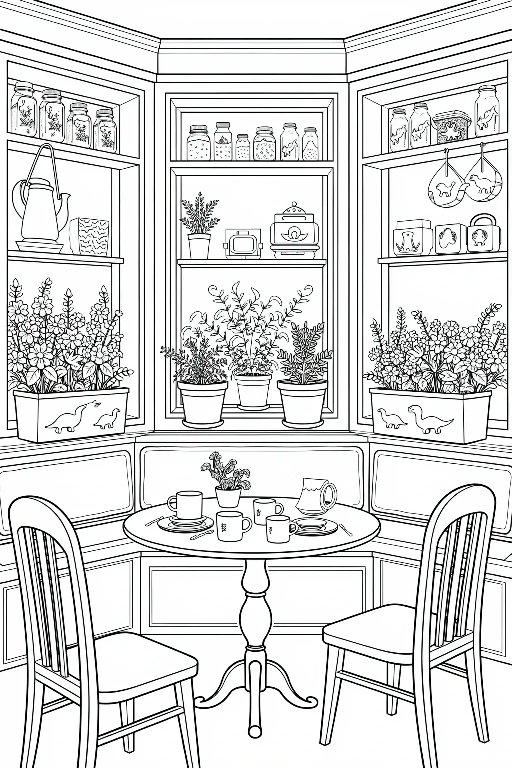 Detailed coloring page of a cozy tea room interior with shelves of jars and plants, a round table with teacups, and two chairs in the foreground.