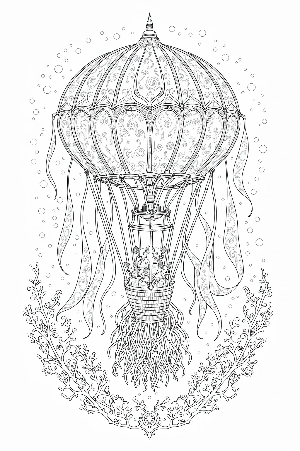 Intricate coloring page of a decorative hot air balloon with ribbon-like streamers, small mice in the basket, and coral-like shapes below.
