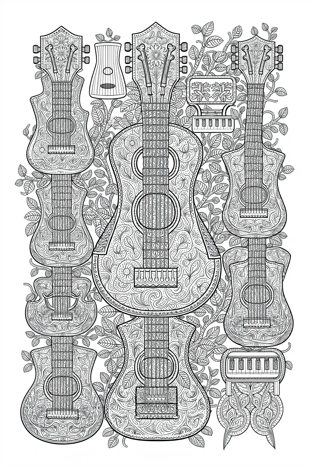 A detailed coloring page of several guitars and a small keyboard surrounded by decorative leaves and floral patterns.