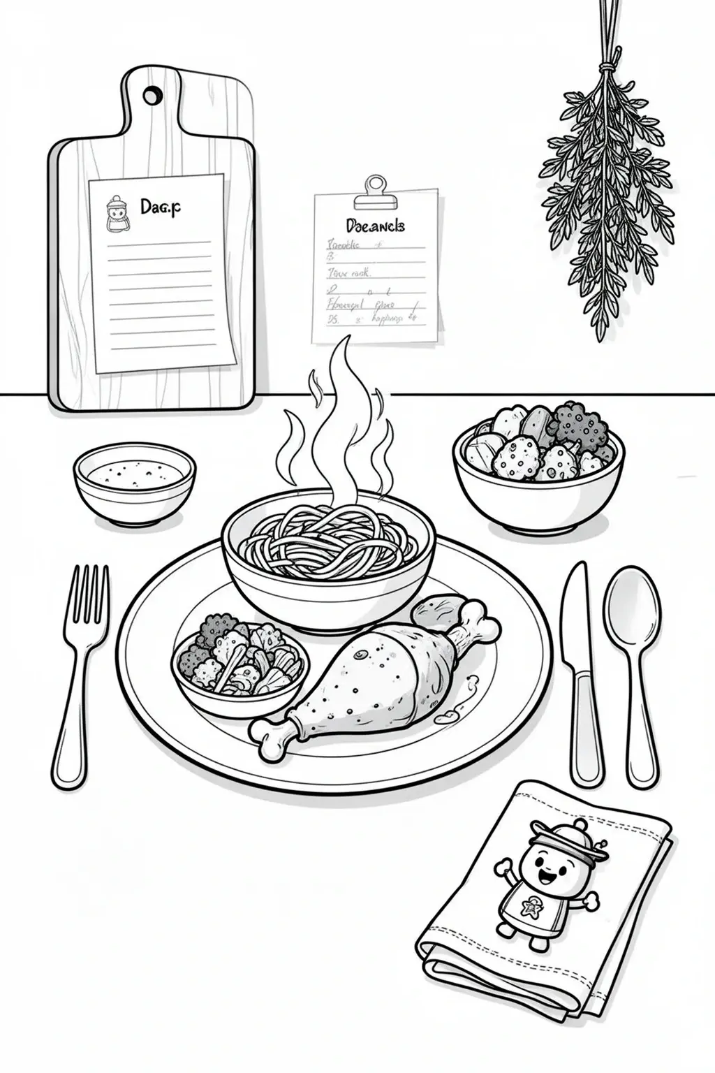Easy dinner recipes coloring page featuring a simple family dinner plate, veggies side, and recipe-card kitchen details.