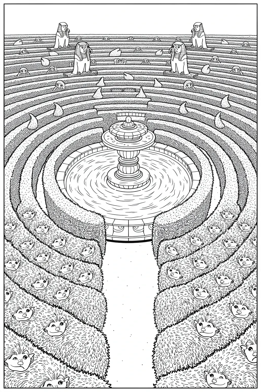 Intricate coloring page of a maze-like garden with a central fountain and multiple Egyptian-style sphinx statues.