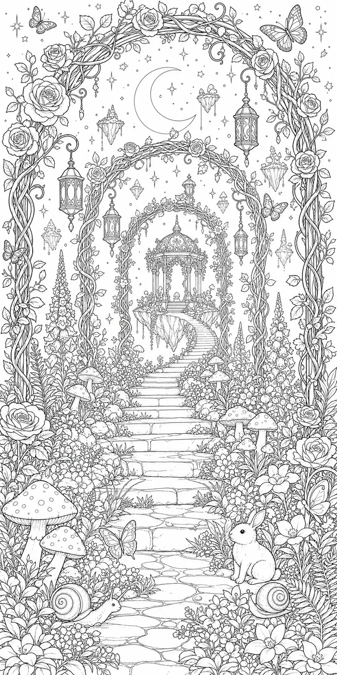 A detailed coloring page of an enchanted garden path with a gazebo, moon, lanterns, flowers, butterflies, a rabbit, and snails.
