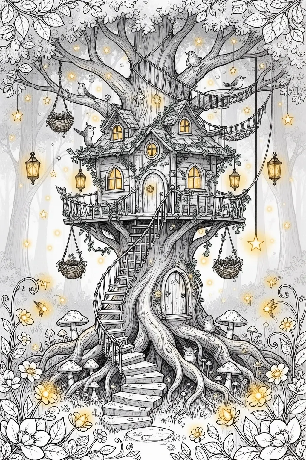 Detailed coloring page of an enchanted treehouse built into a large tree, with rope bridges, hanging lanterns, birds, flowers, and mushrooms around the base.