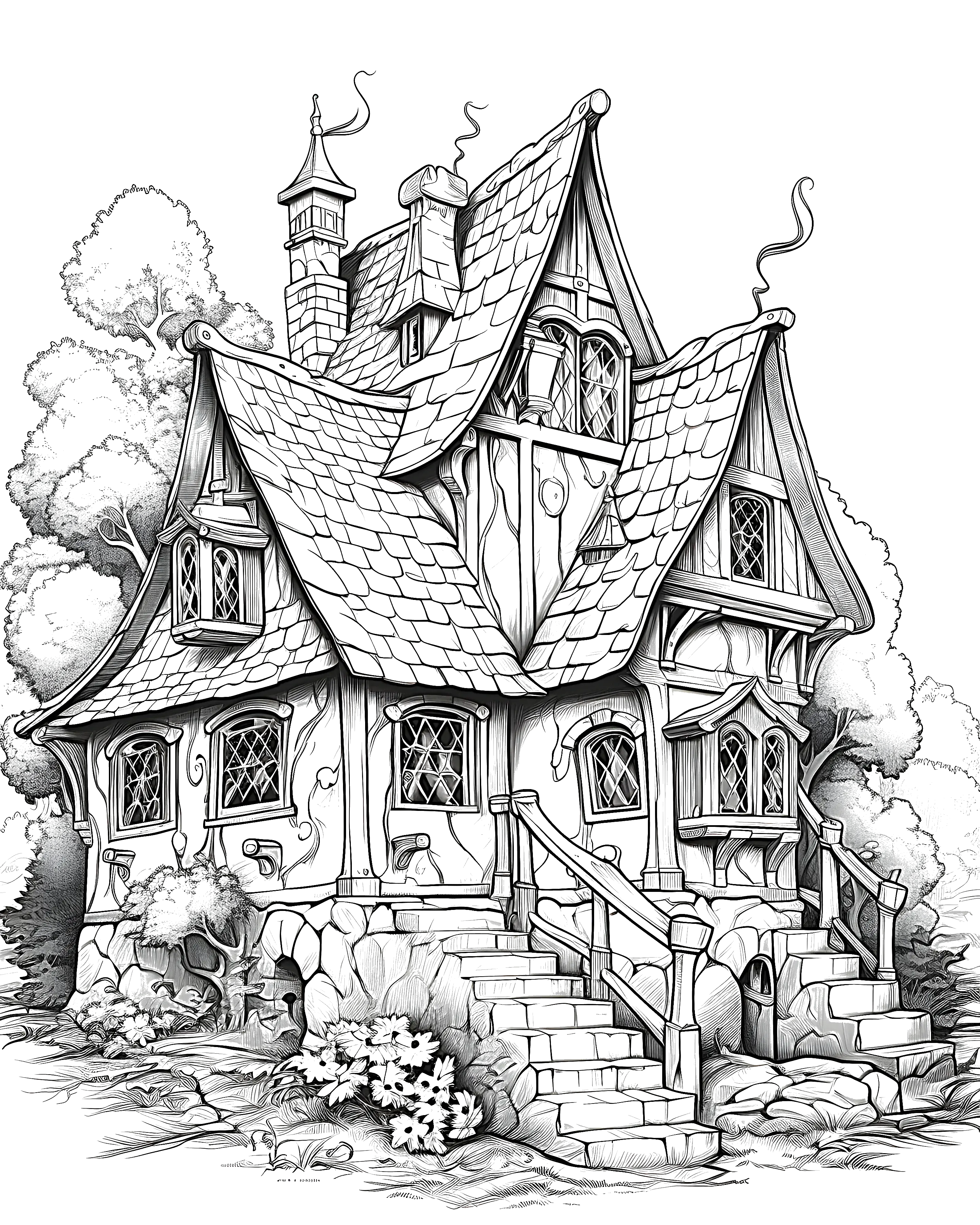 Black and white coloring page of detailed fairy tale cottage house with steep roofs, tall windows, steps, trees, and garden plants in black-and-white line art