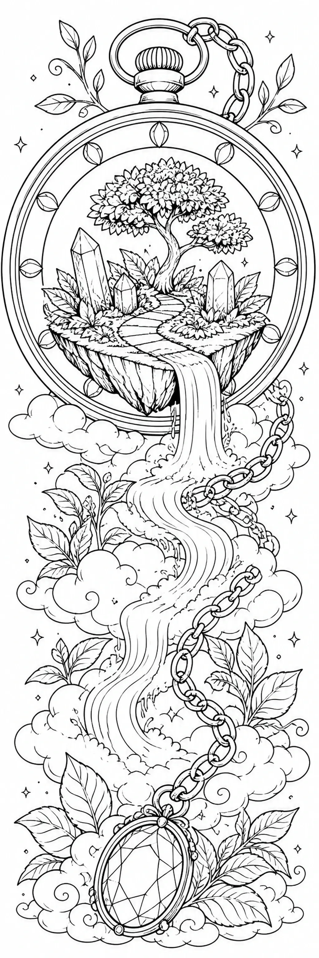 A pocket watch coloring page shows a floating island with a tree, crystals, clouds, and a winding chain in black-and-white line art.