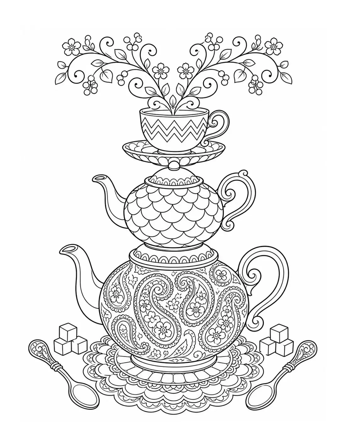A black-and-white coloring page shows a stacked teapot tower with floral branches, ornate patterns, and small spoons.