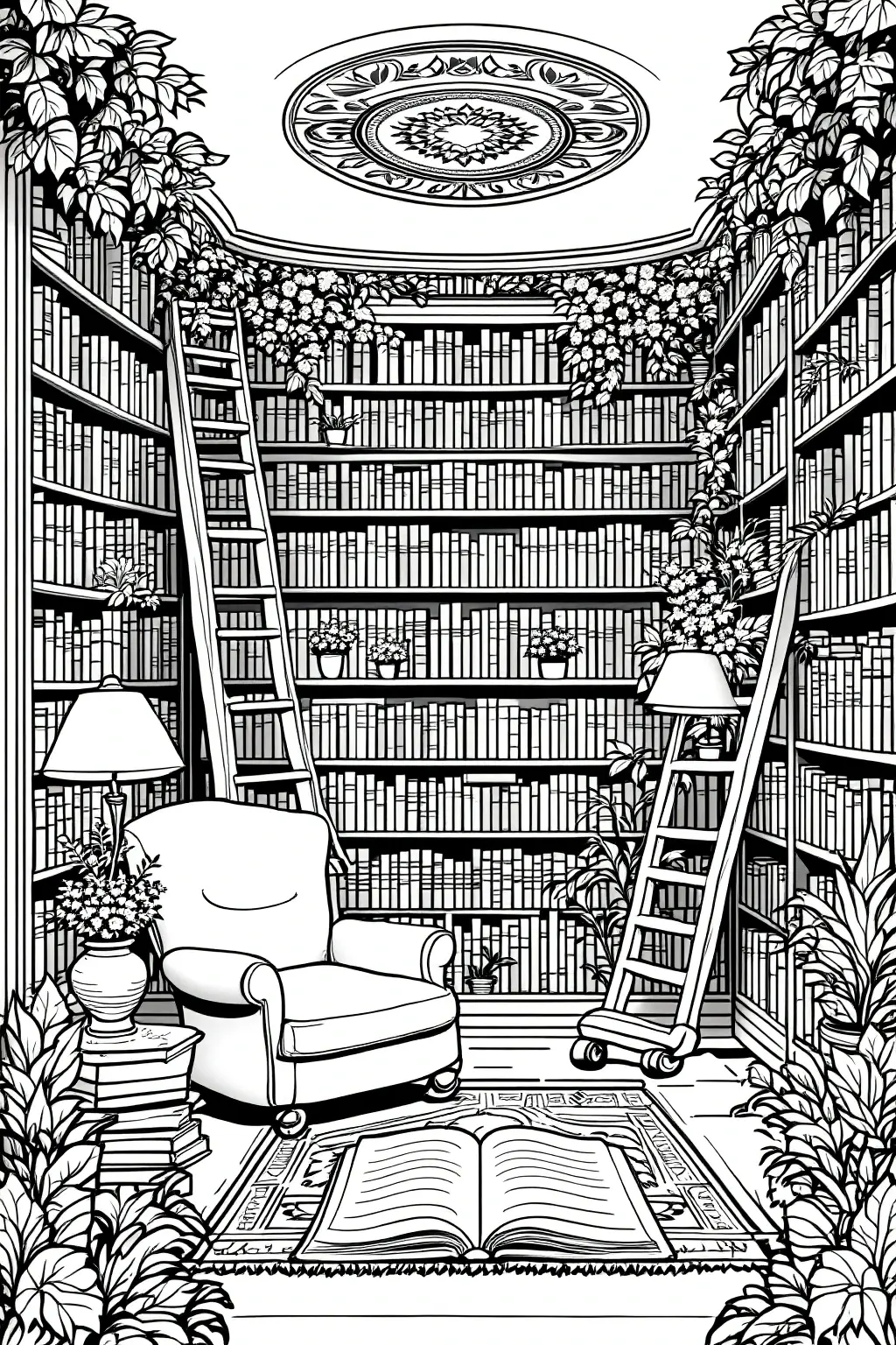 Detailed coloring page of a flower-filled library reading room with tall bookshelves, rolling ladders, an armchair, lamps, plants, and an open book on a rug.