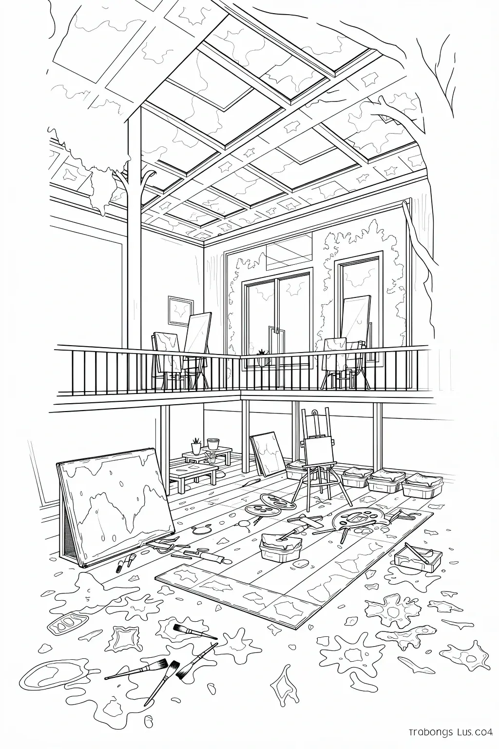 Black-and-white printable coloring page of a creative art studio interior with easels, paint brushes, paint splatters, tables, and balcony railings.
