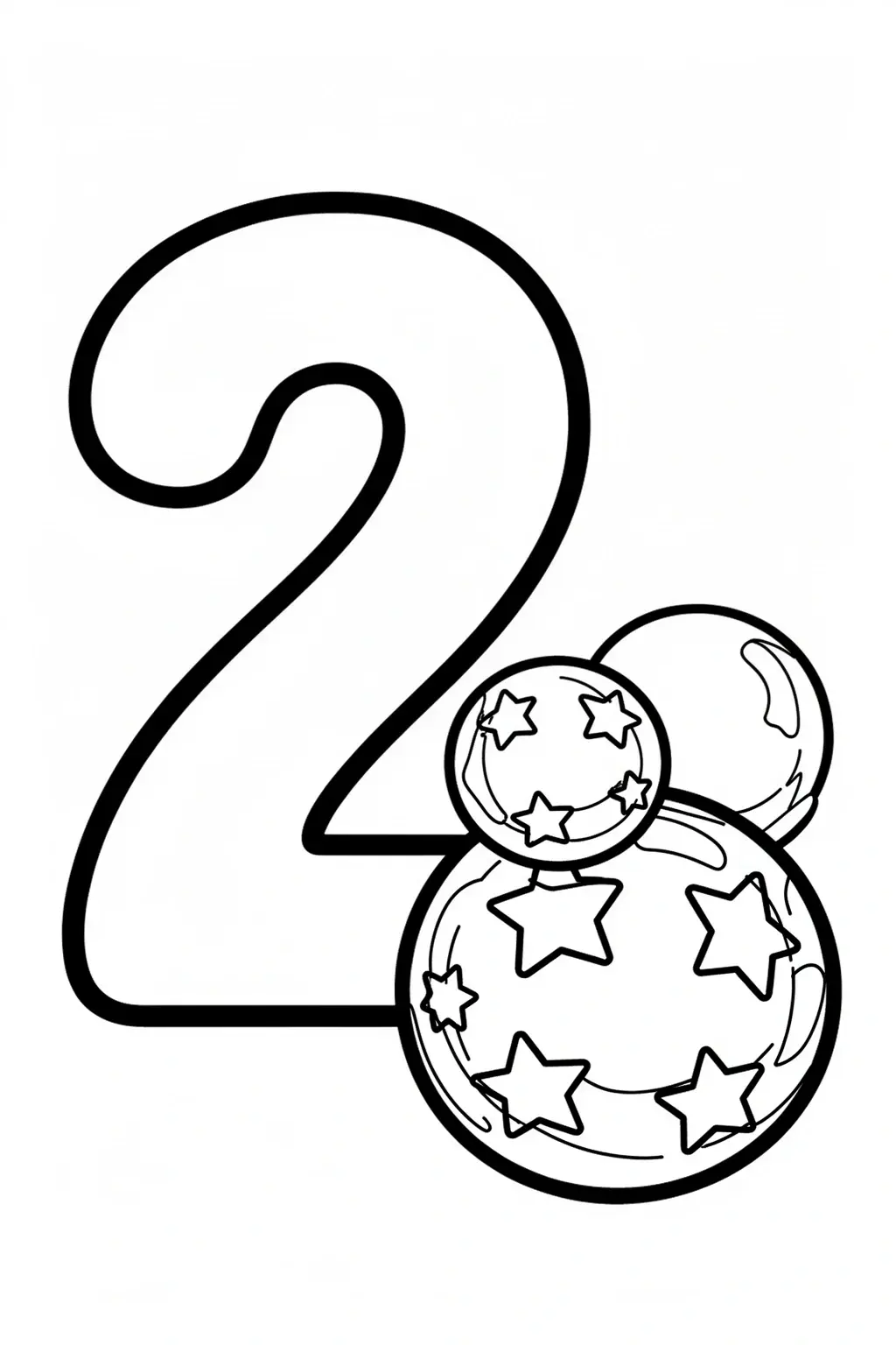 Black and white line art of the number 2 next to two bouncing balls, designed as a coloring page for kids.