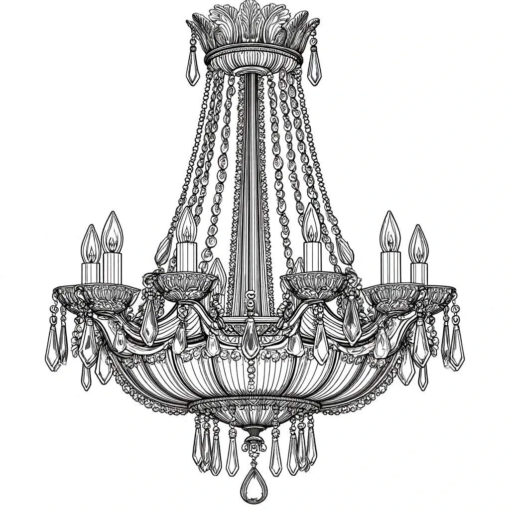 Intricate chandelier line art detailed coloring page featuring elegant chandelier suitable for kids' coloring page and adult printable coloring page; high-detail coloring sheets for relaxing coloring