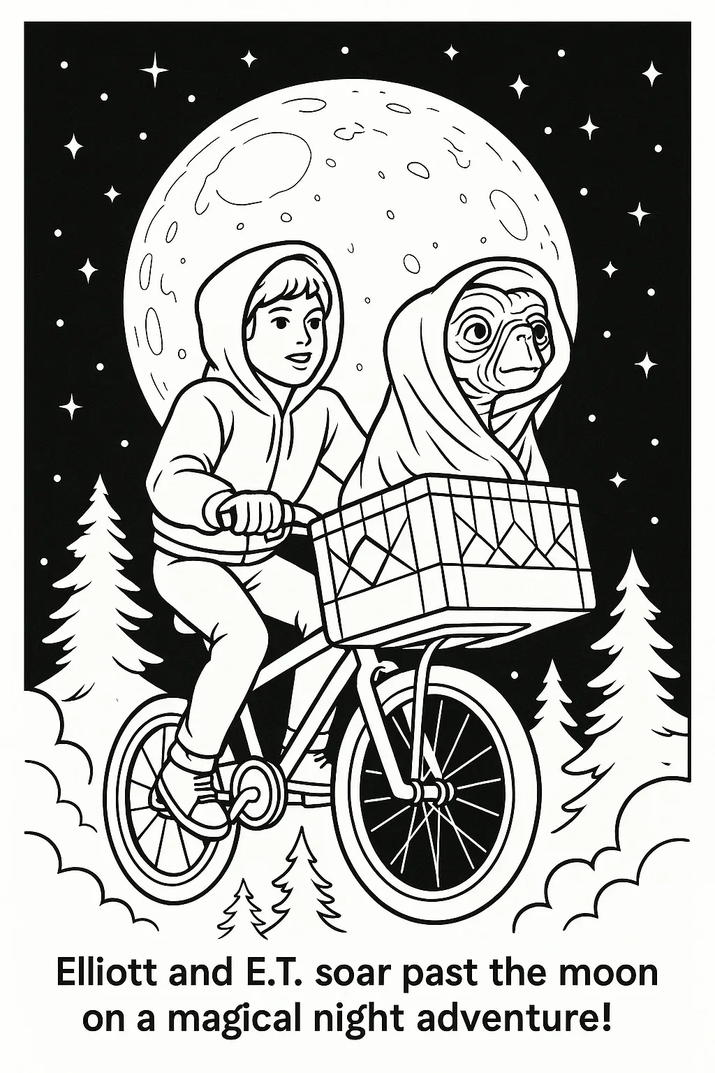 Black-and-white printable coloring sheet of a child on a bicycle carrying an alien in a basket flying past a large moon and stars; includes trees below. Great for detailed coloring page, kids'