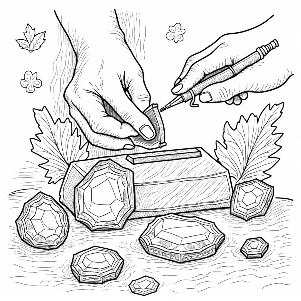 Black-and-white coloring page showing hands engraving a gem with tools surrounded by cut gemstones and leaves detailed coloring page, kids' coloring page, printable coloring page, and coloring sheets.