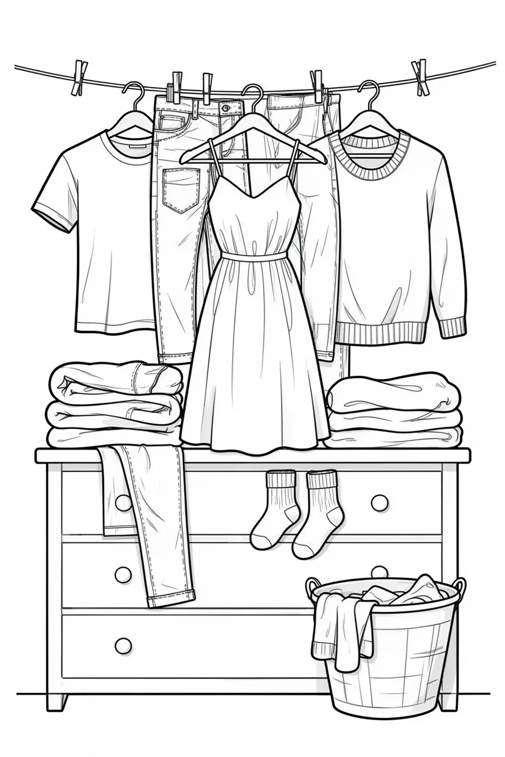 Cloths Hanging Clothes & Folded Stack coloring page.