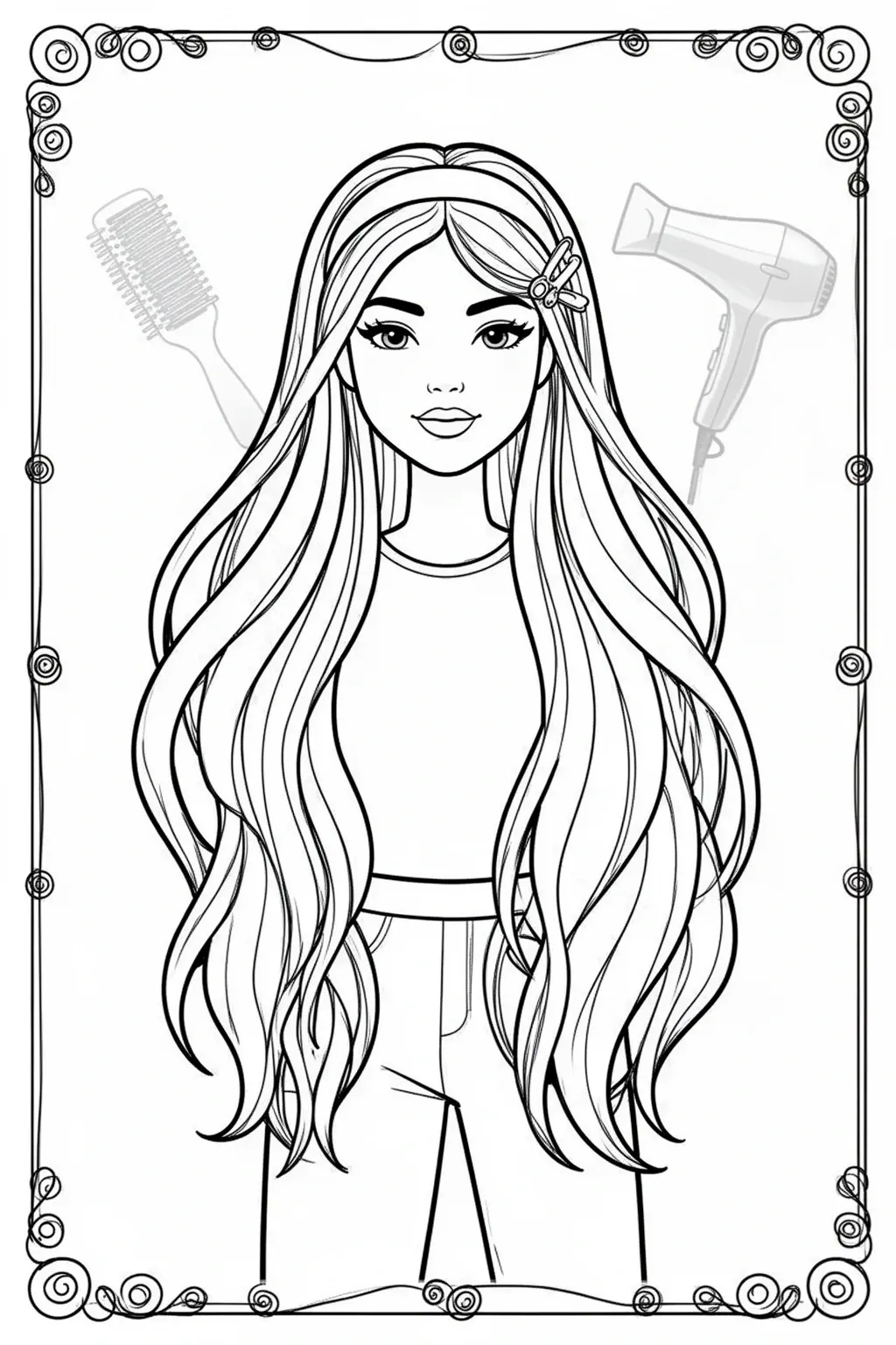 Hair coloring page | Long Flowing Hair & Accessories.