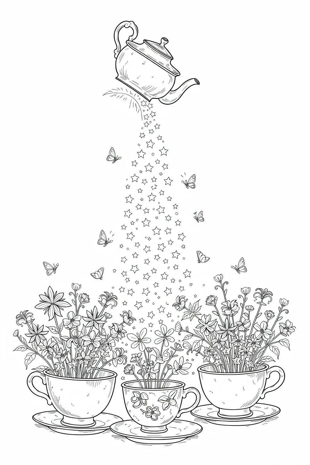 Black and white printable coloring page showing a teapot pouring stars into three flower-filled teacups with butterflies and blossoms, a whimsical floral scene for detailed coloring page, kids'