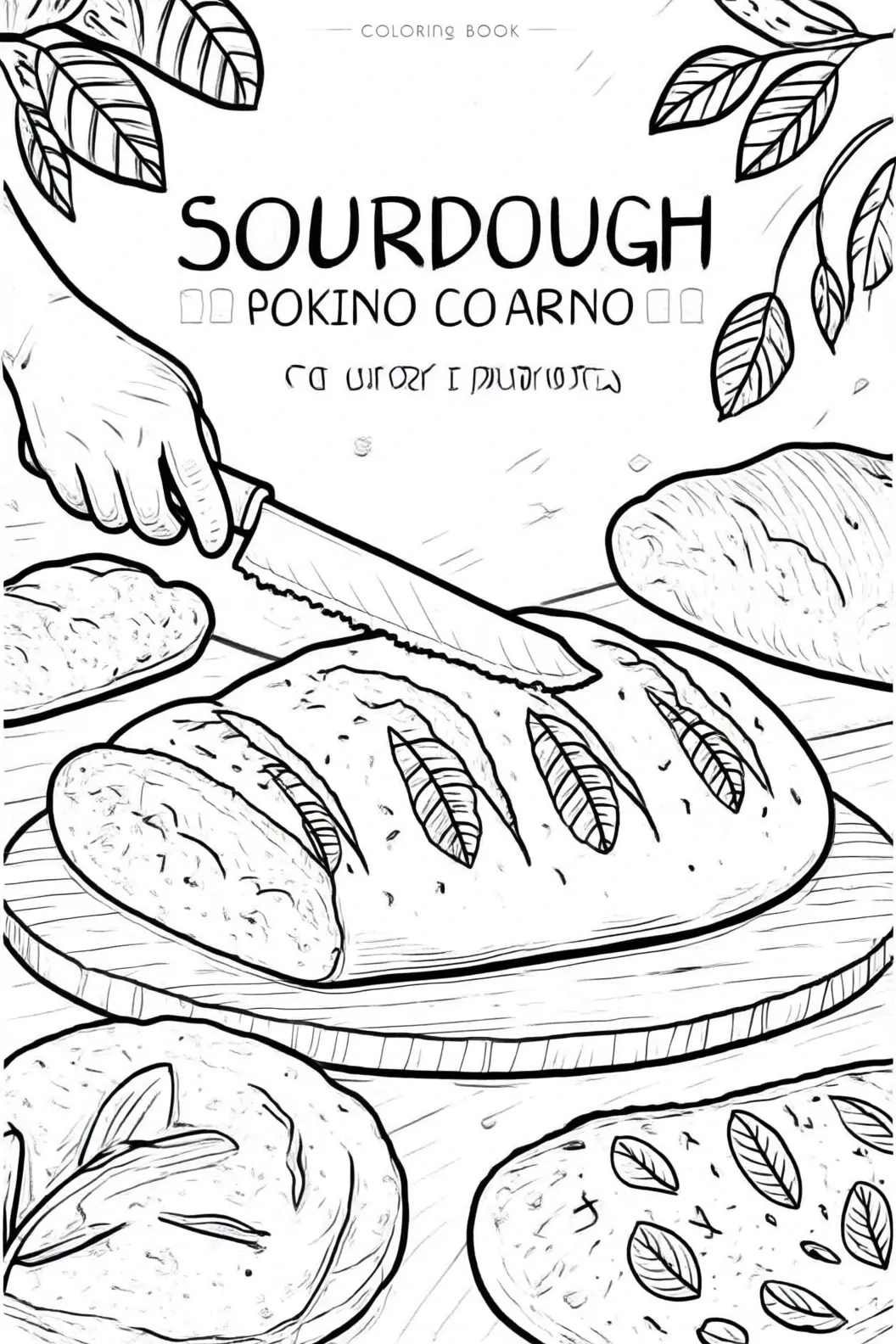 Black-and-white sourdough loaf coloring page showing a hand slicing bread on a cutting board surrounded by additional loaves and leaf decorations detailed coloring page, kids' coloring page, printable