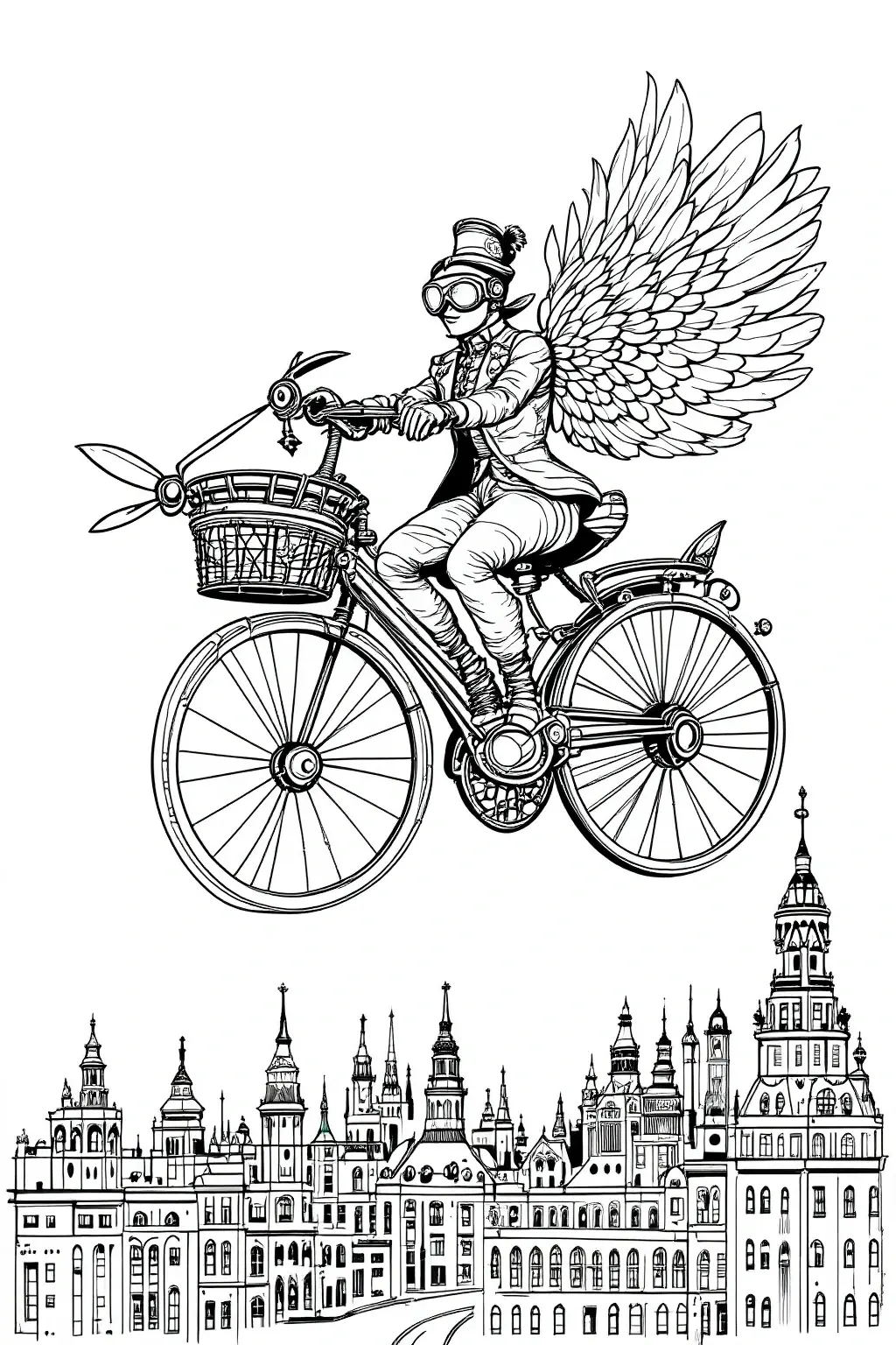Black and white steampunk illustration of a person with wings riding a flying bicycle over a city skyline; detailed coloring page, kids' coloring page, printable coloring page, coloring sheets
