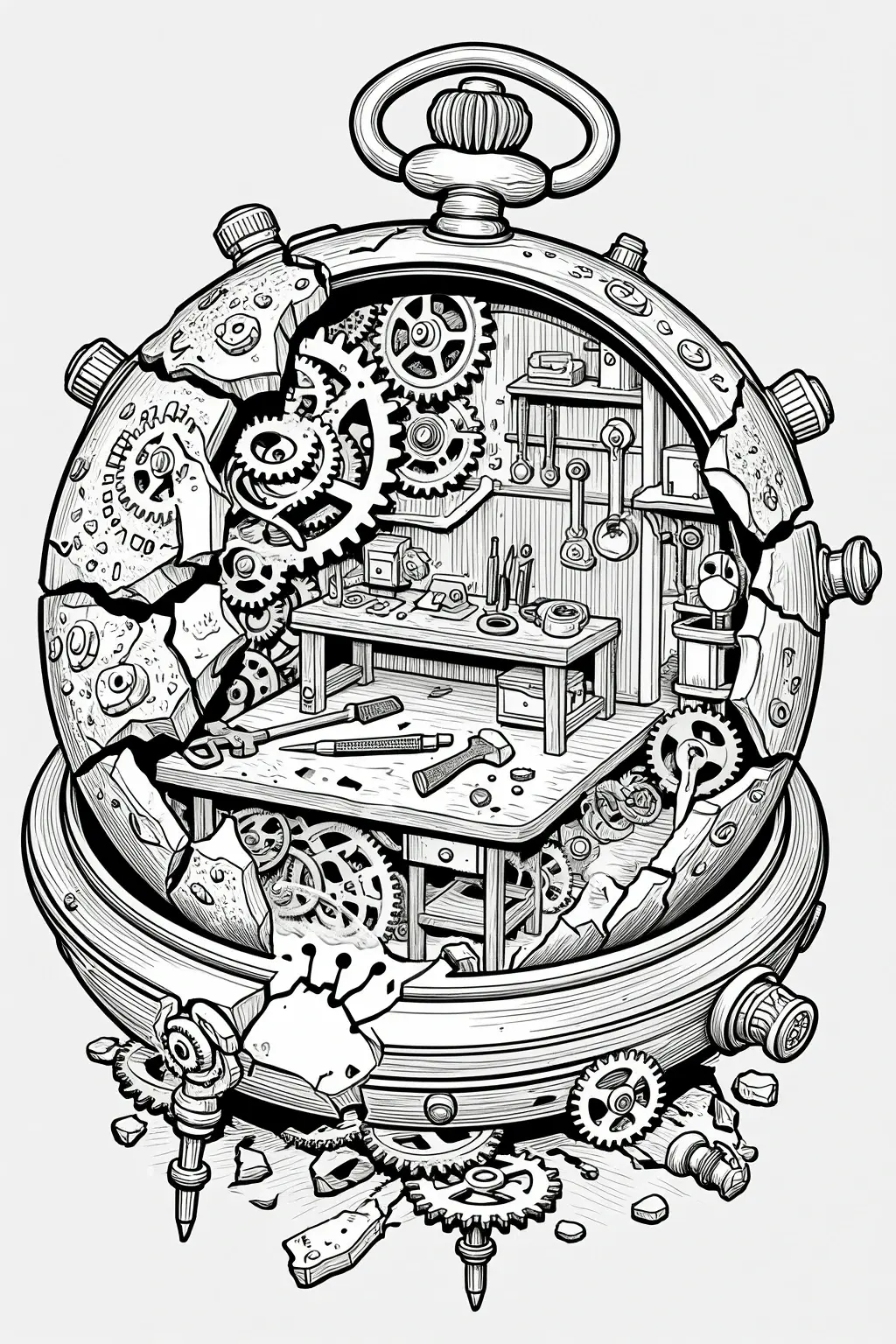 Black and white steampunk clockwork workshop illustration with gears, tools, and a detailed mechanical interior, ideal for detailed coloring page, kids' coloring page, printable coloring page, and
