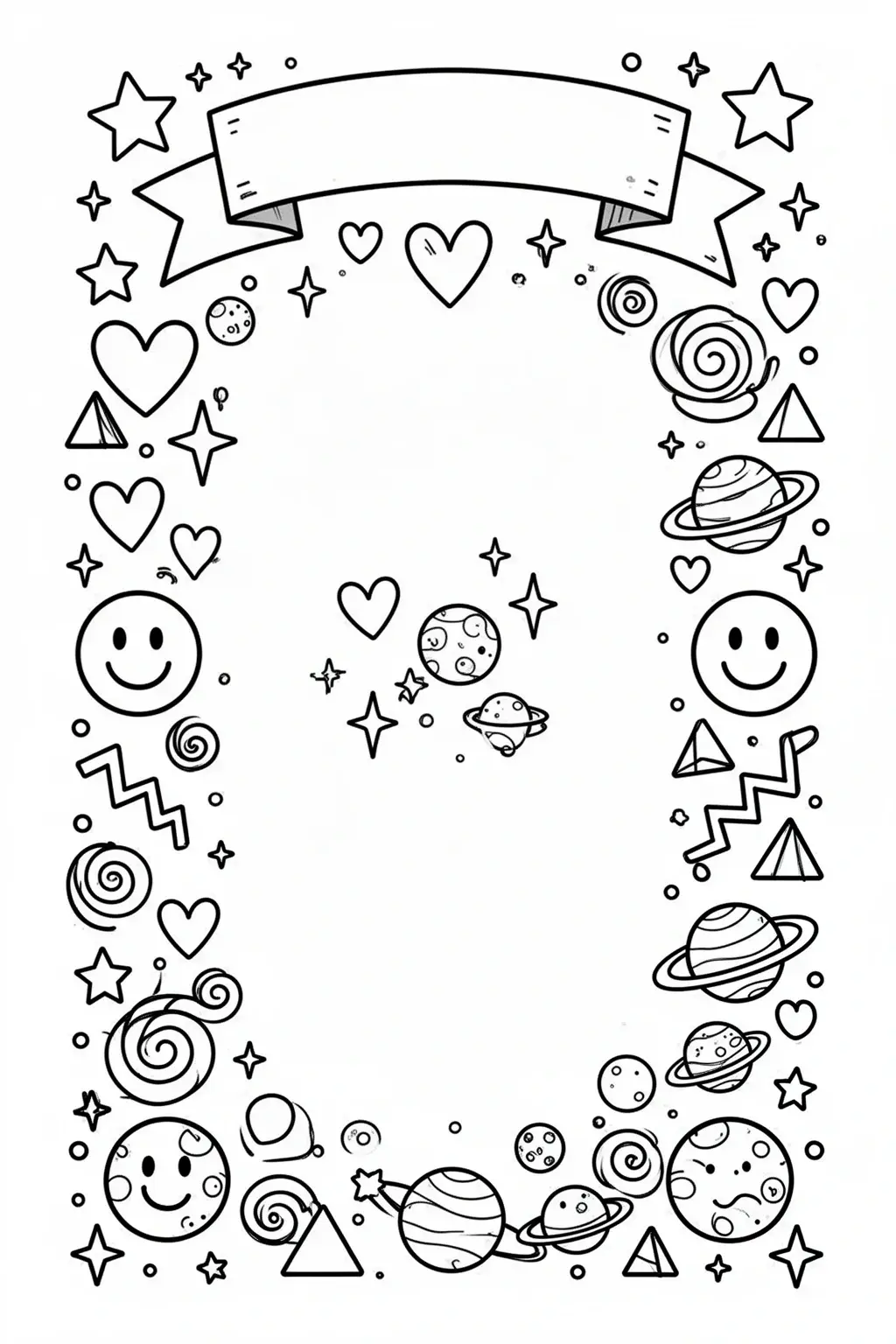 Doodles Galore coloring page: Whimsical Stars & Hearts.