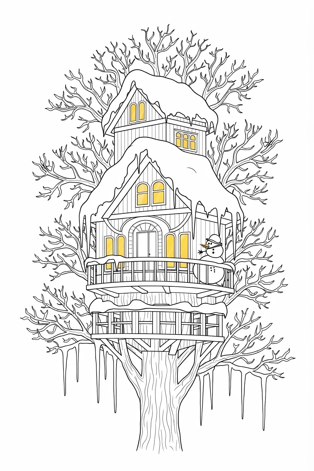 Winter treehouse coloring page with snow-covered roofs, bare branches, icicles, and a small snowman on the balcony.