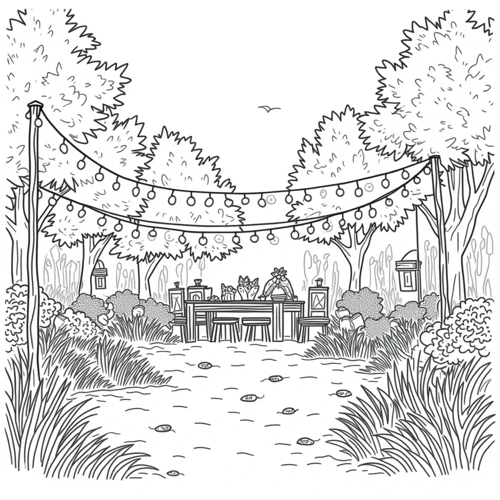 Detailed coloring page of an outdoor garden dinner party with string lights hanging between trees, a table setting, and lush plants and bushes.