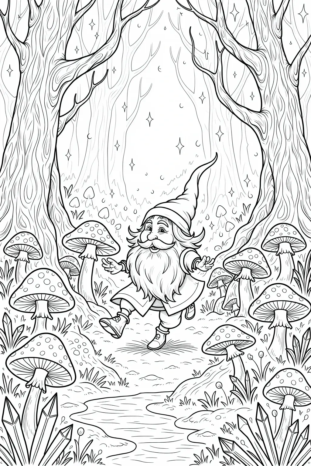 Black and white coloring page of garden gnome standing in a whimsical forest with mushrooms, trees, and a small stream
