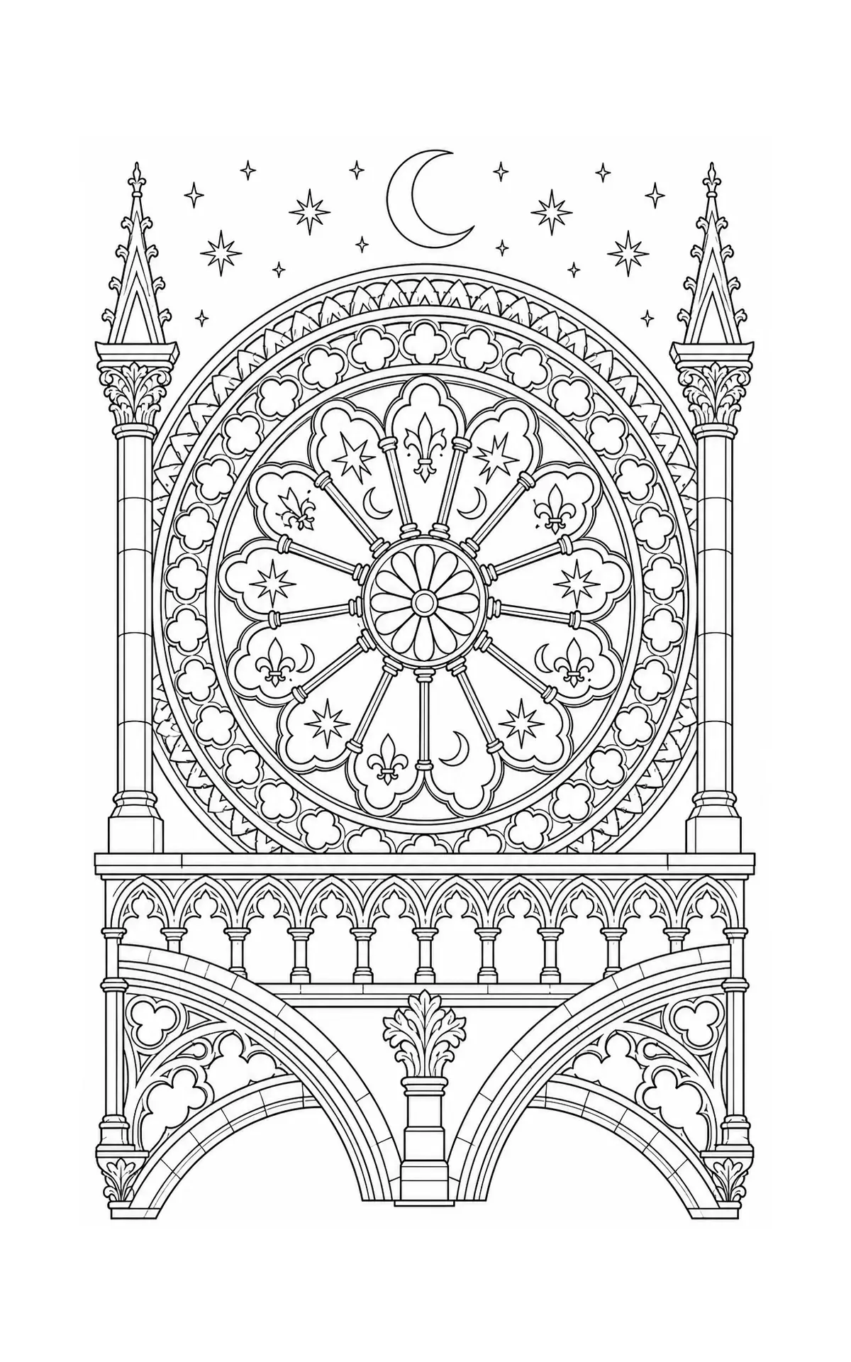 A coloring page of a Gothic cathedral rose window with stars, a moon, and ornate architectural details.