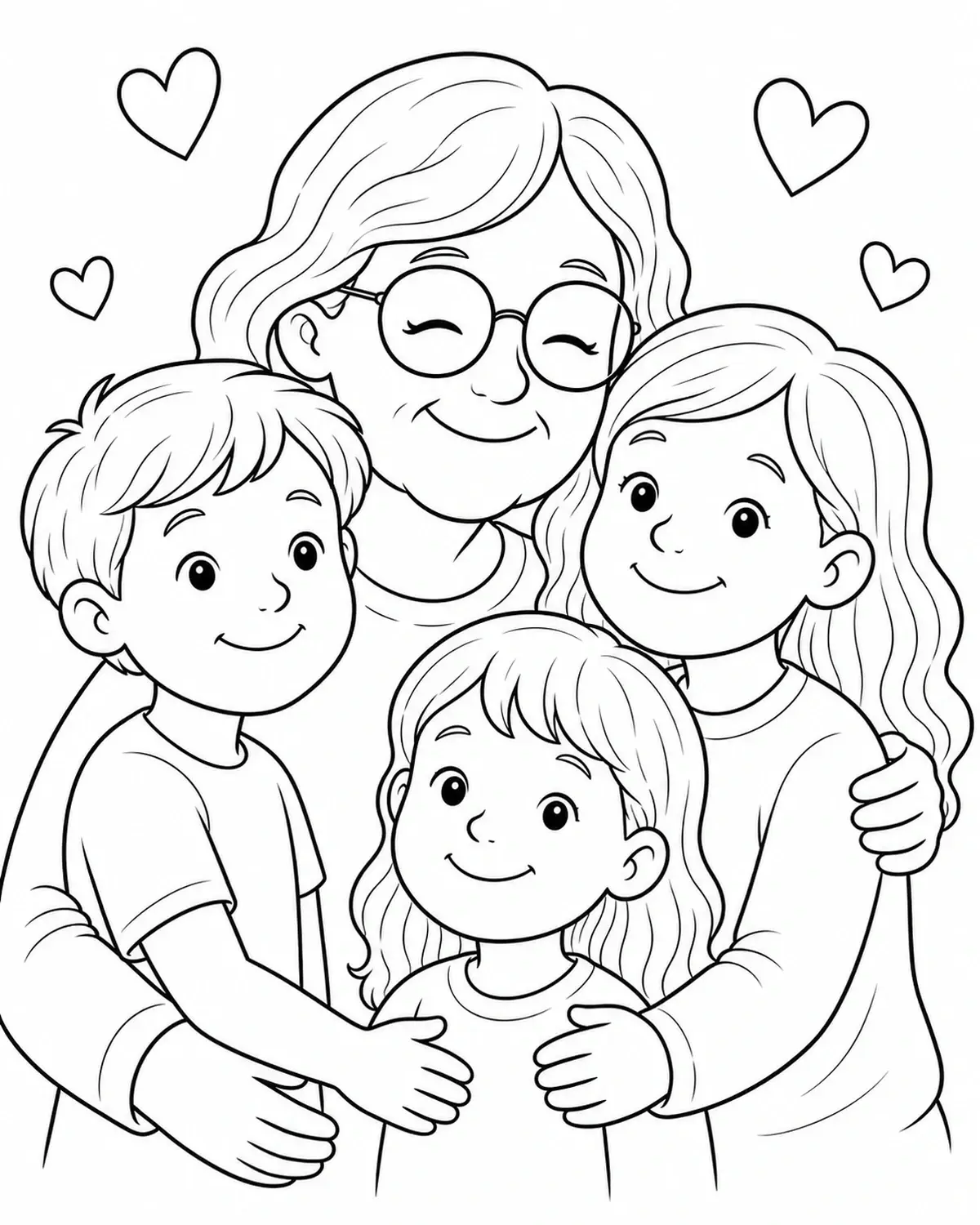 A grandmother coloring page showing a smiling grandma hugging three grandchildren with small hearts around them.
