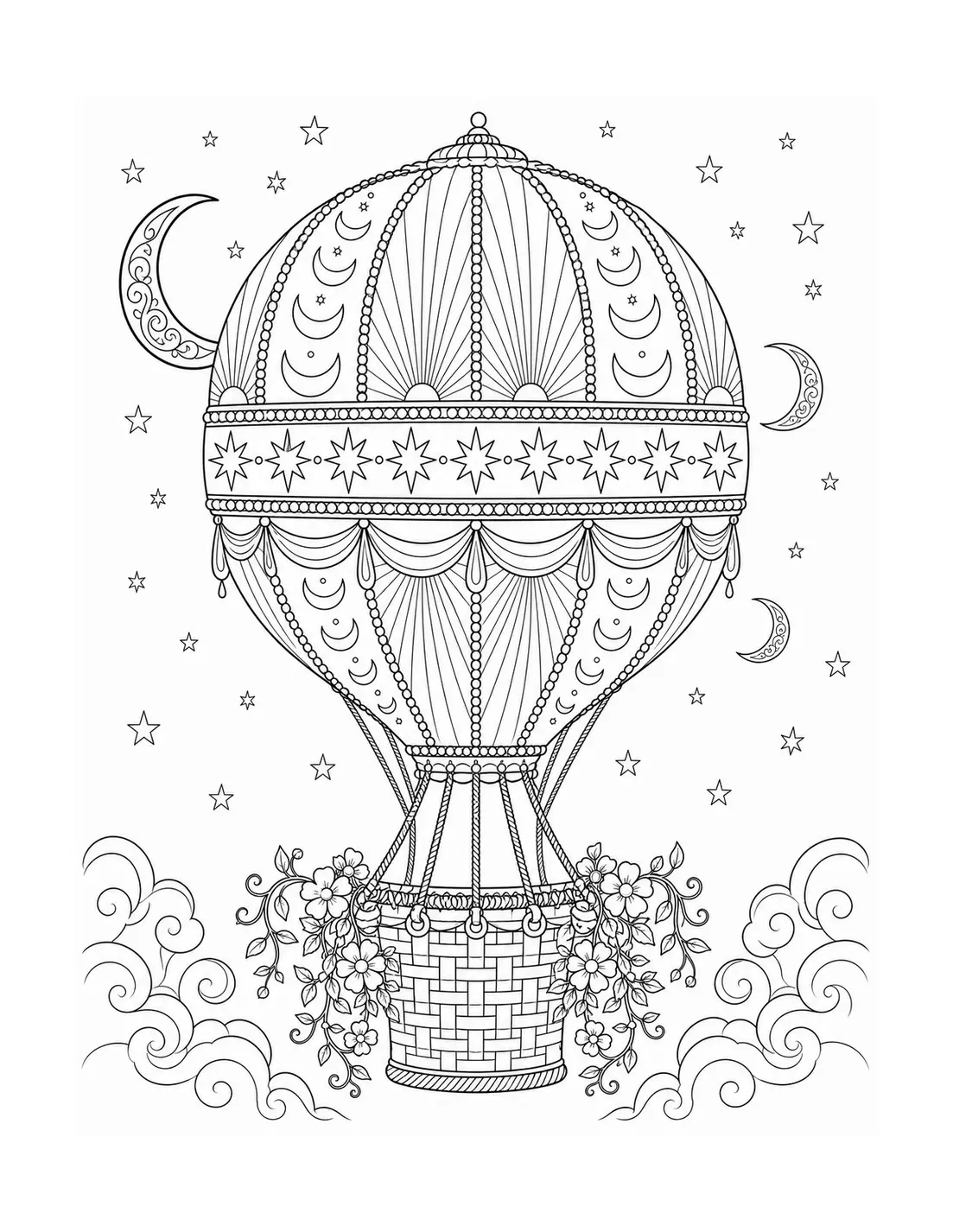 A detailed coloring page of a decorative hot air balloon with moons, stars, clouds, and floral accents.