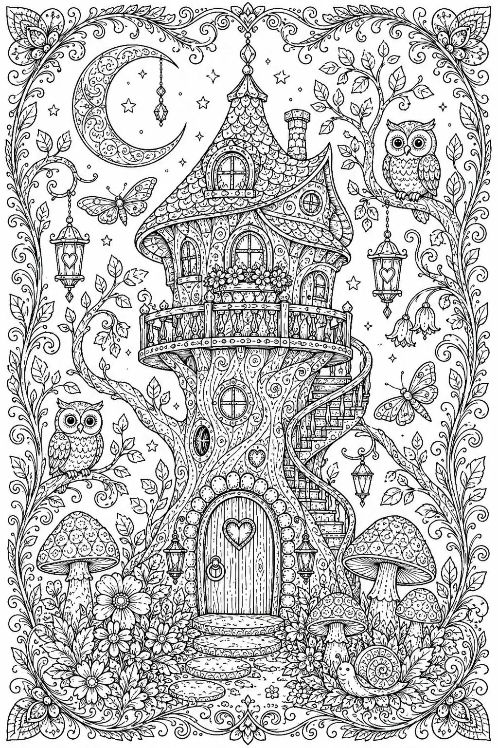 A detailed coloring page shows a fantasy treehouse with owls, a crescent moon, butterflies, mushrooms, and flowers.