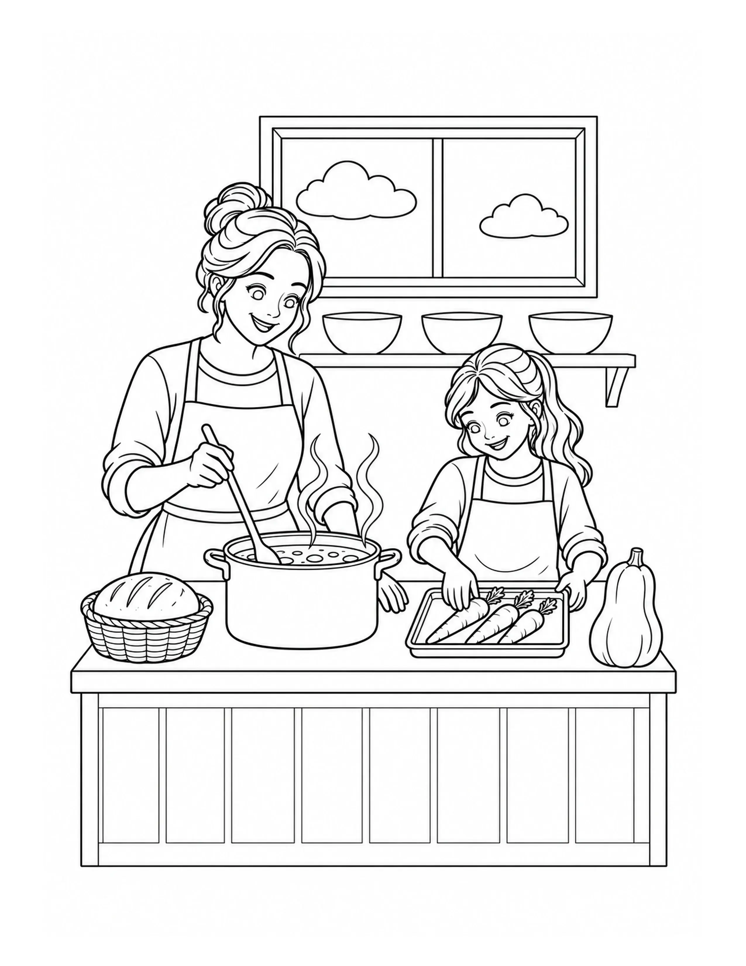 A mother stirs a steaming pot while a girl arranges carrots beside bread and a squash in this kitchen coloring page.